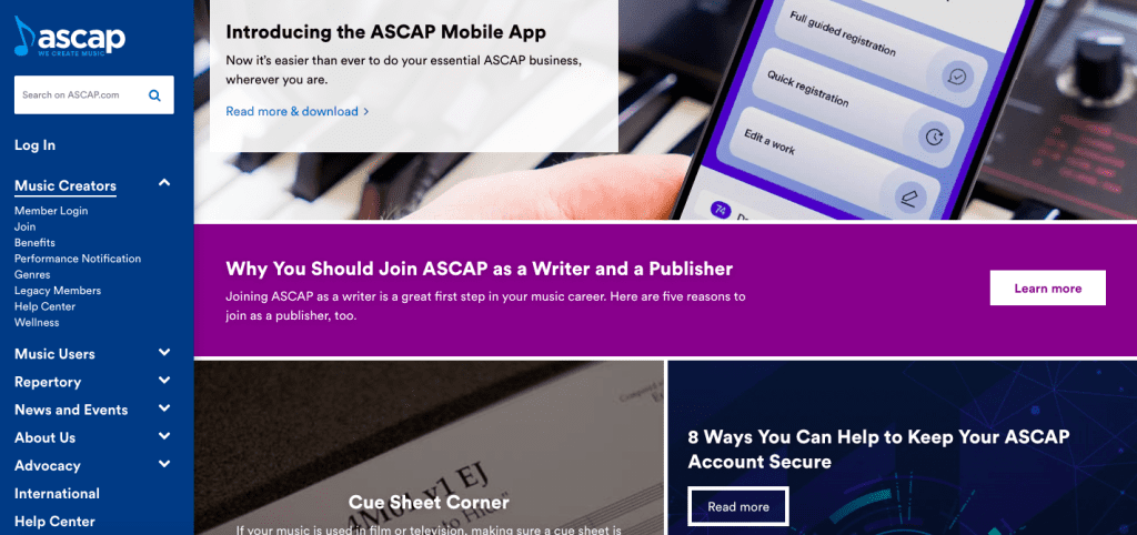 ASCAP website, internal page