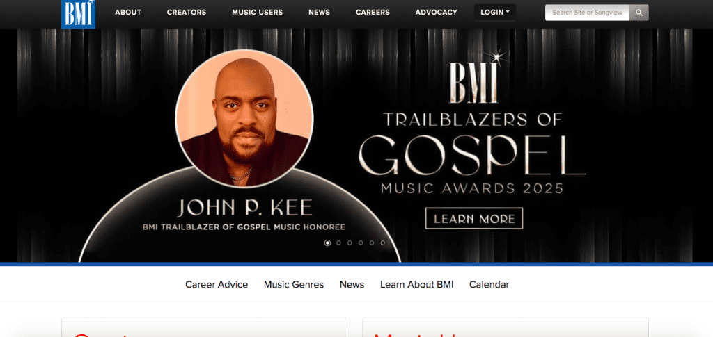 BMI music website home page, very interactive and user friendly