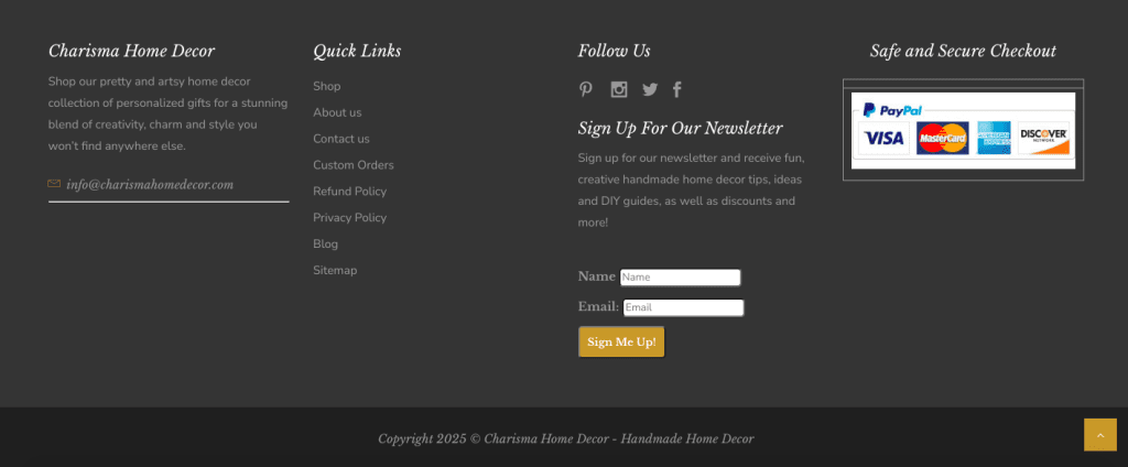Footer section of professional website Charisma Home Decor